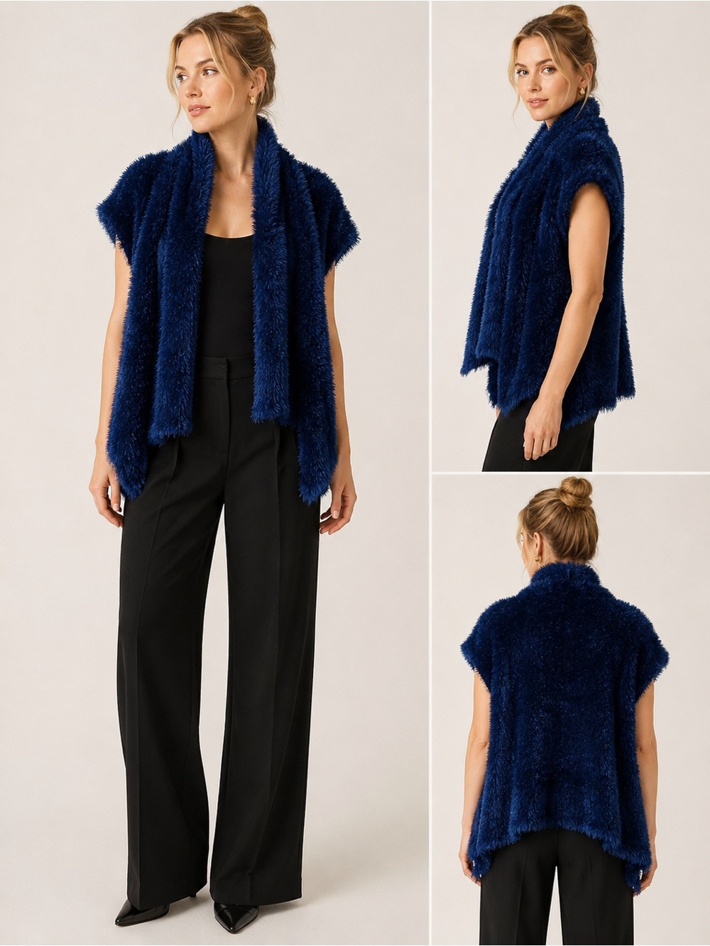 Vintage Cobalt Blue Shaggy Fuzzy Open Front Vest Size L